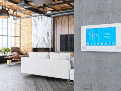 Interior of a modern luxury house with smart automation system.